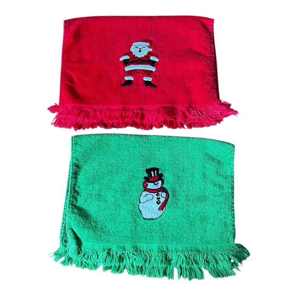 Lot Of 2 VTG Martex Xmas Santa Snowman Red Green Fingertip Hand Towels Bathroom